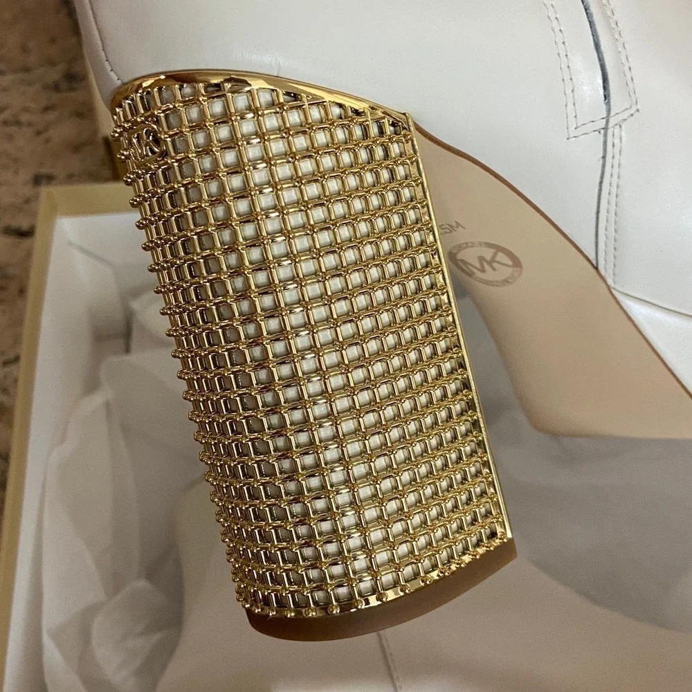 Michael‎ Kors Maxine Platform Bootie Light Cream Leather Gold Cage 9.5